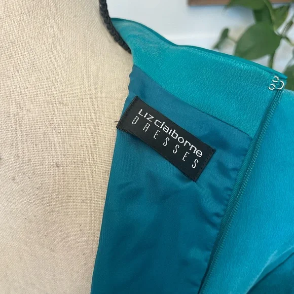 Vintage Teal Liz Claiborne Silk Midi Dress w Mandarin Style Collar Short sleeve - Picture 6 of 7